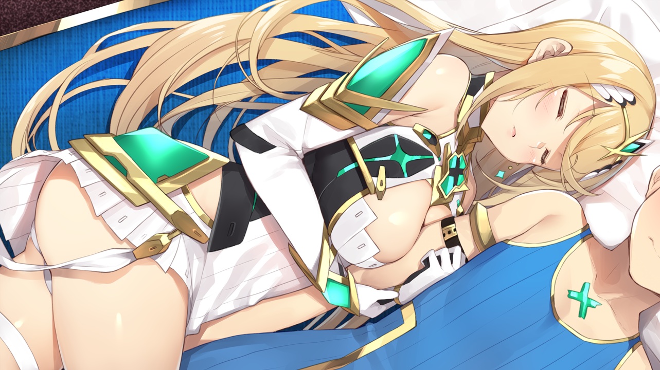 ass, blonde_hair, blush, breasts, cleavage, dress, elbow_gloves, gloves