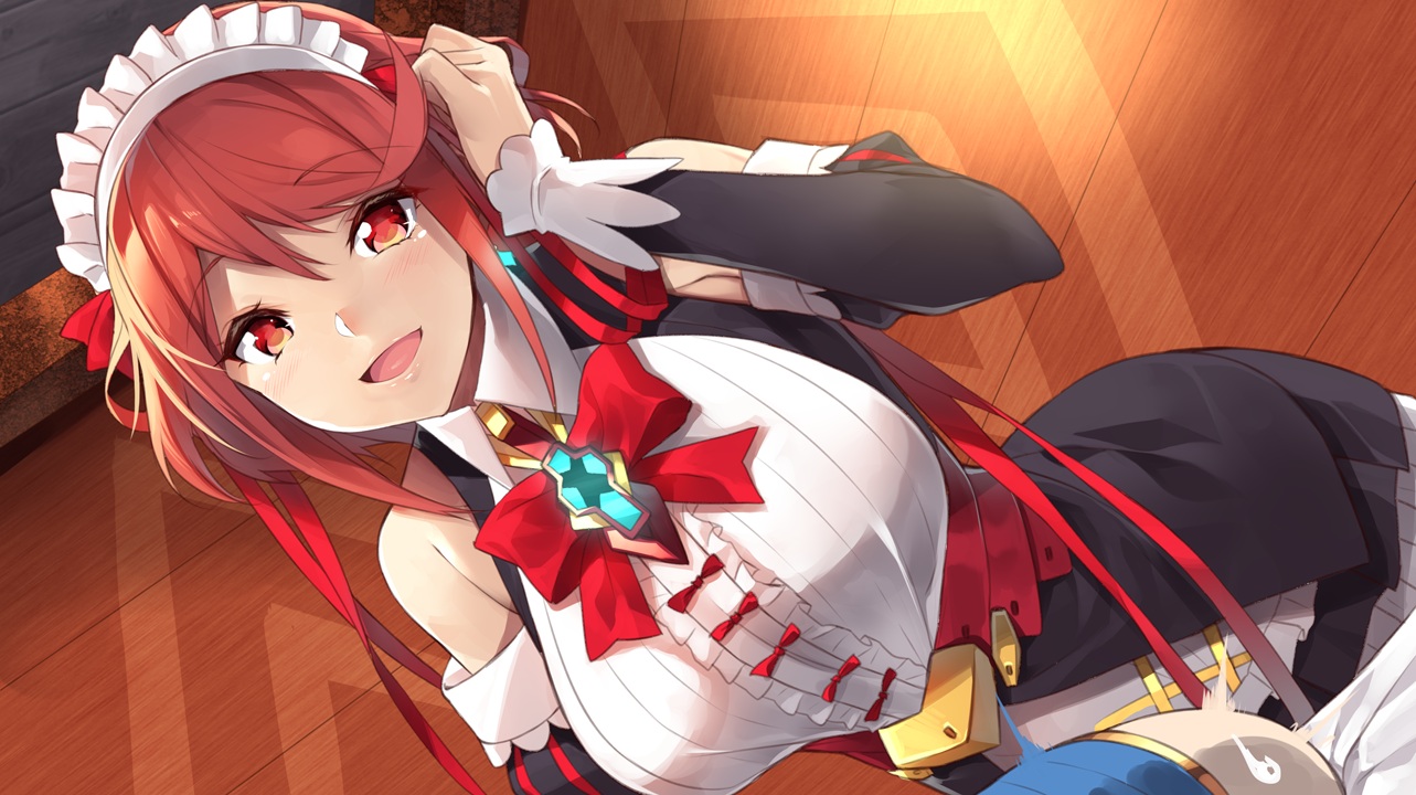 blush, bow, close, cosplay, headdress, homura_(xenoblade), maid, red_eyes