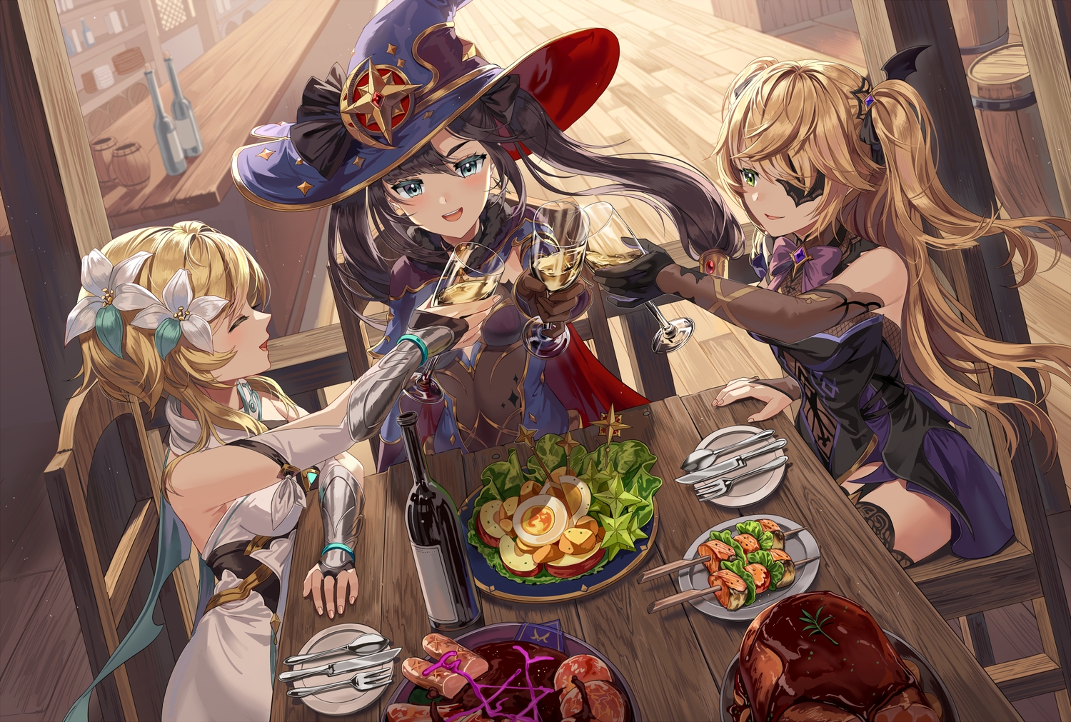 aliasing, blonde_hair, dress, drink, eyepatch, fischl_(genshin_impact), flowers, food