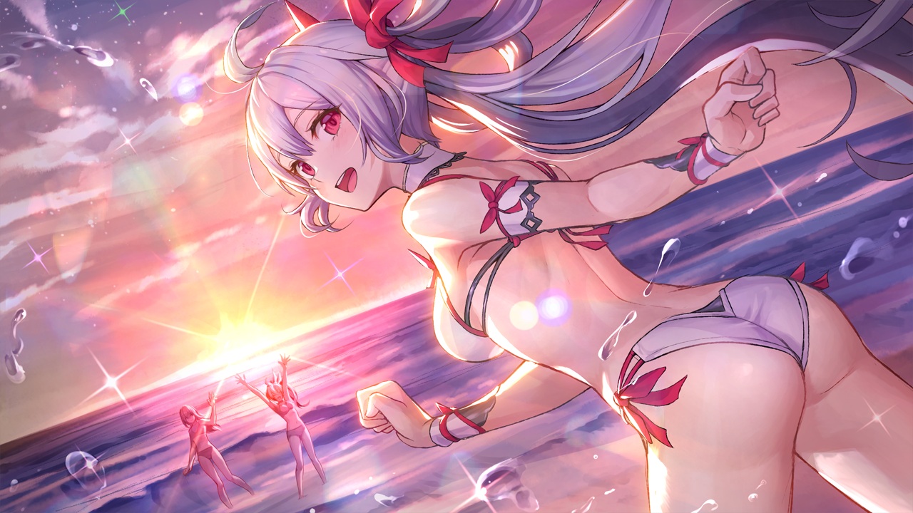 ass, beach, bikini, clouds, gray_hair, inari_kei, long_hair, matoi_(pso2), phantasy_star_online, phantasy_star_online_2, ponytail, red_eyes, sky, sunset, swimsuit, twintails, water