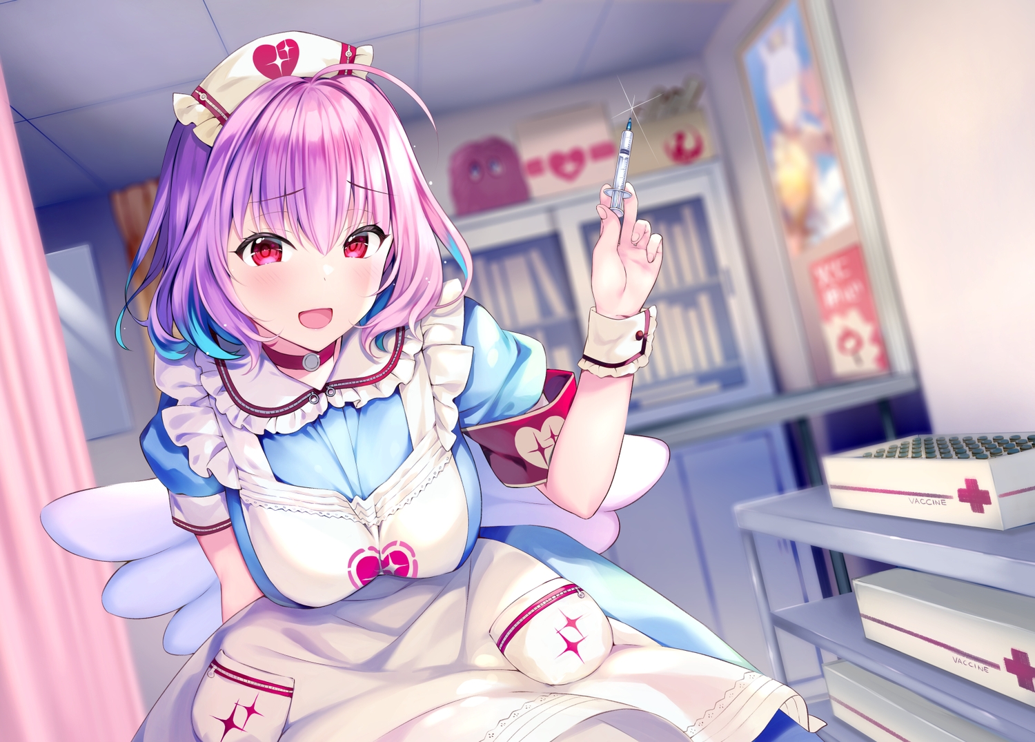 apron, blush, choker, dress, headdress, idolmaster, idolmaster_cinderella_girls, nurse, purple_hair, red_eyes, rei_(rei's_room), short_hair, wings, wristwear, yumemi_riamu