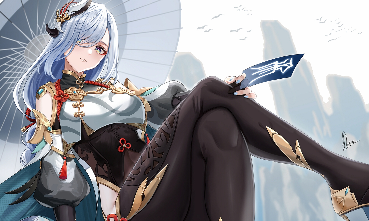 chinese_clothes, elbow_gloves, genshin_impact, gloves, gray_hair, green_eyes, leotard, long_hair