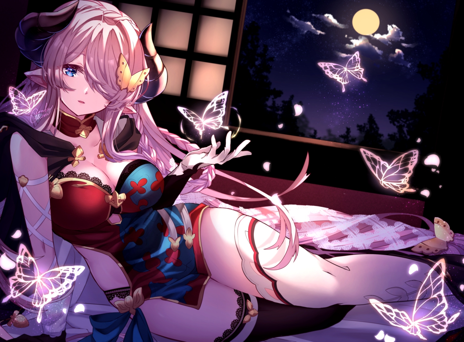 blue_eyes, breasts, butterfly, cape, chinese_clothes, chinese_dress, cleavage, clouds, dress, granblue_fantasy, horns, long_hair, moon, narmaya_(granblue_fantasy), night, pink_hair, pointed_ears, signed, sky, thighhighs, yoake