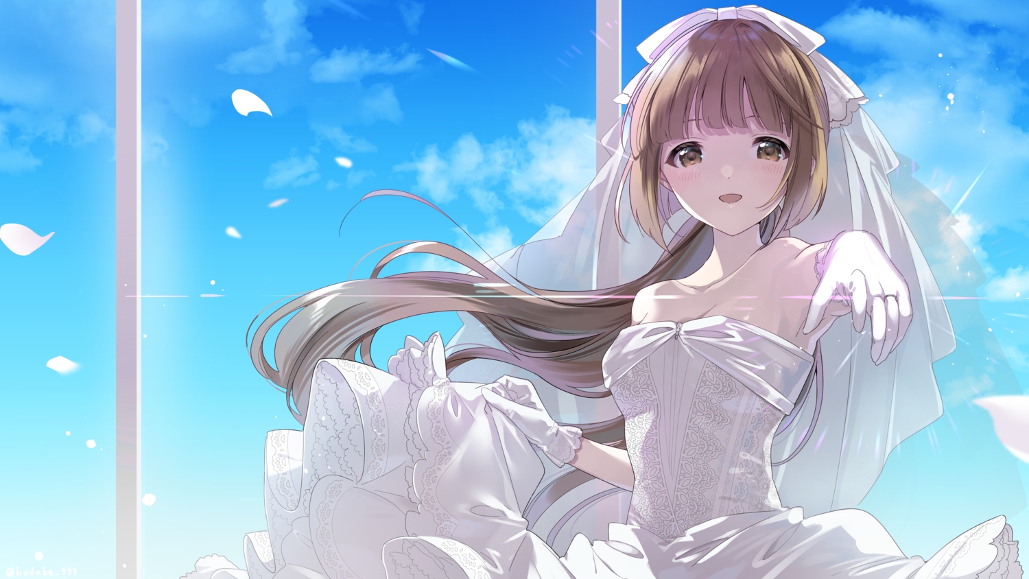 brown_eyes, brown_hair, clouds, gloves, idolmaster, idolmaster_cinderella_girls, long_hair, sky