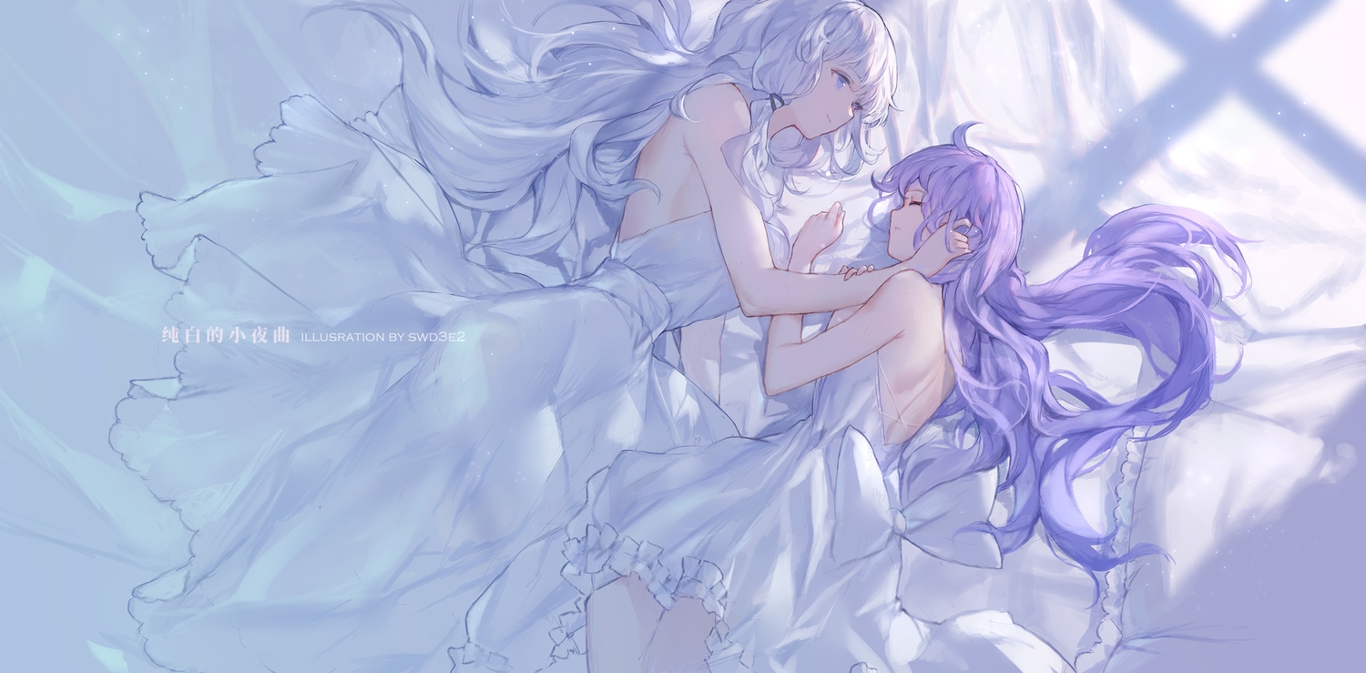 2girls, anthropomorphism, azur_lane, bed, bow, dress, gray_hair, illustrious_(azur_lane)