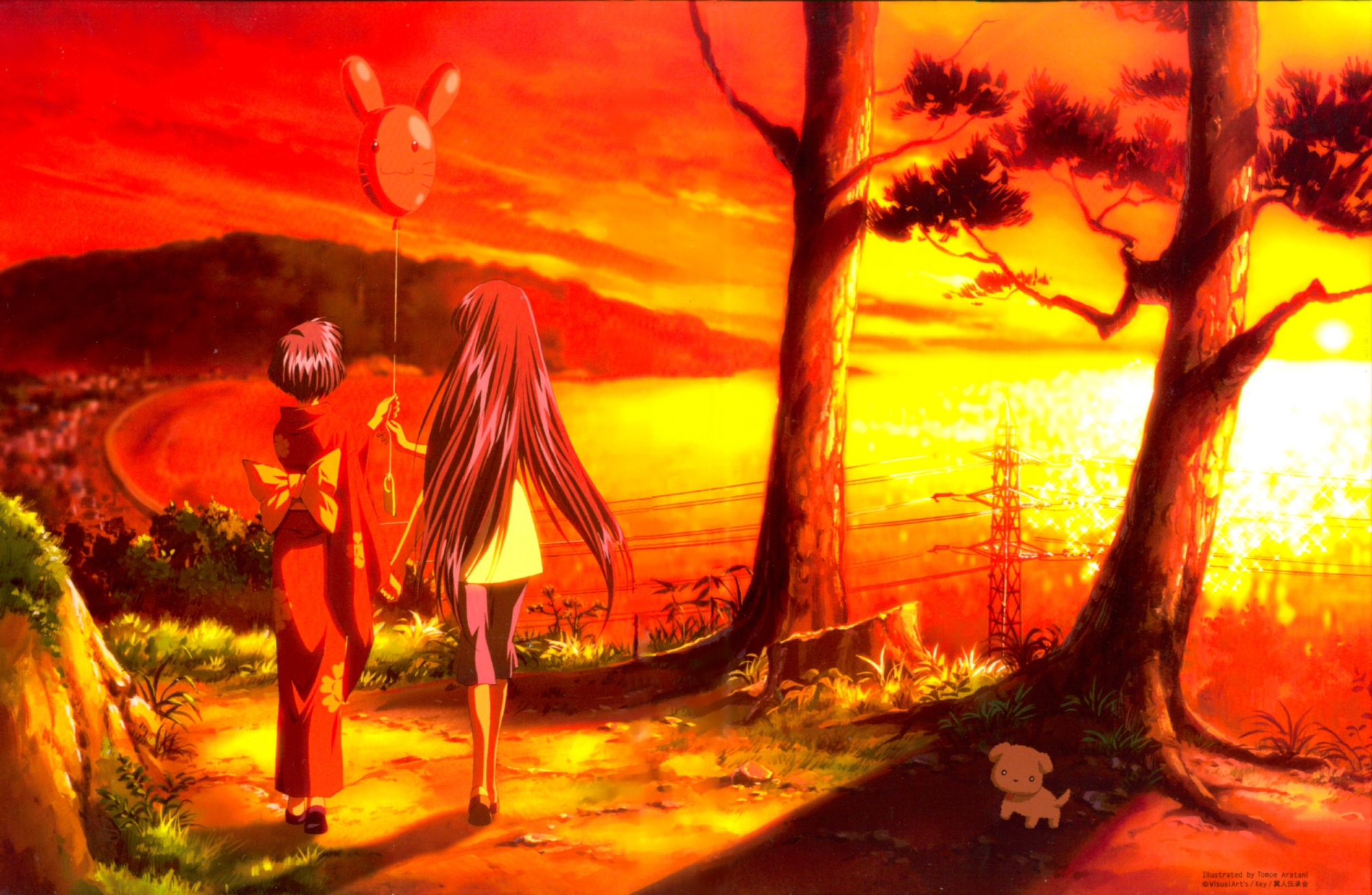 air, animal, blue_hair, dog, japanese_clothes, key, kirishima_hijiri, kirishima_kano