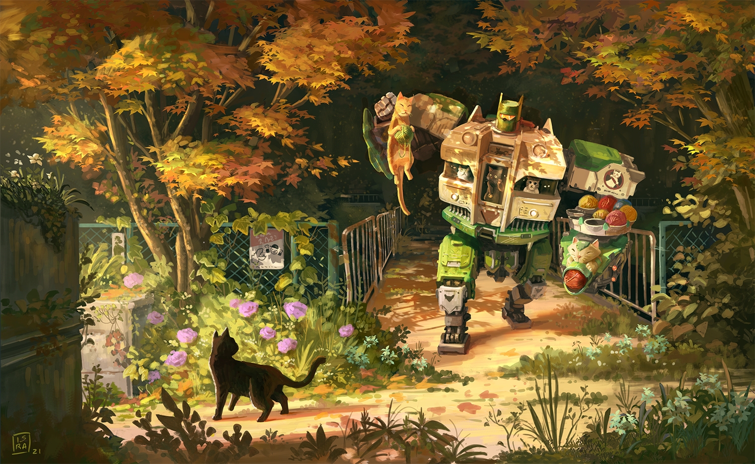 animal, autumn, cat, flowers, forest, isra_carrion, mecha, original, signed, tree