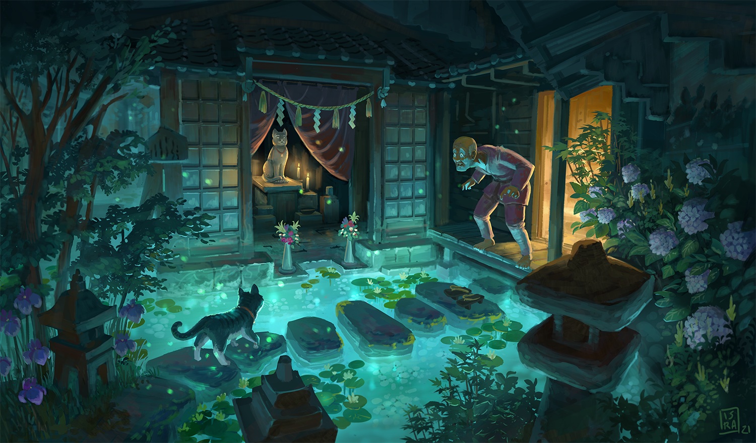 all_male, animal, building, cat, flowers, isra_carrion, male, night, original, scenic, shrine, signed, water