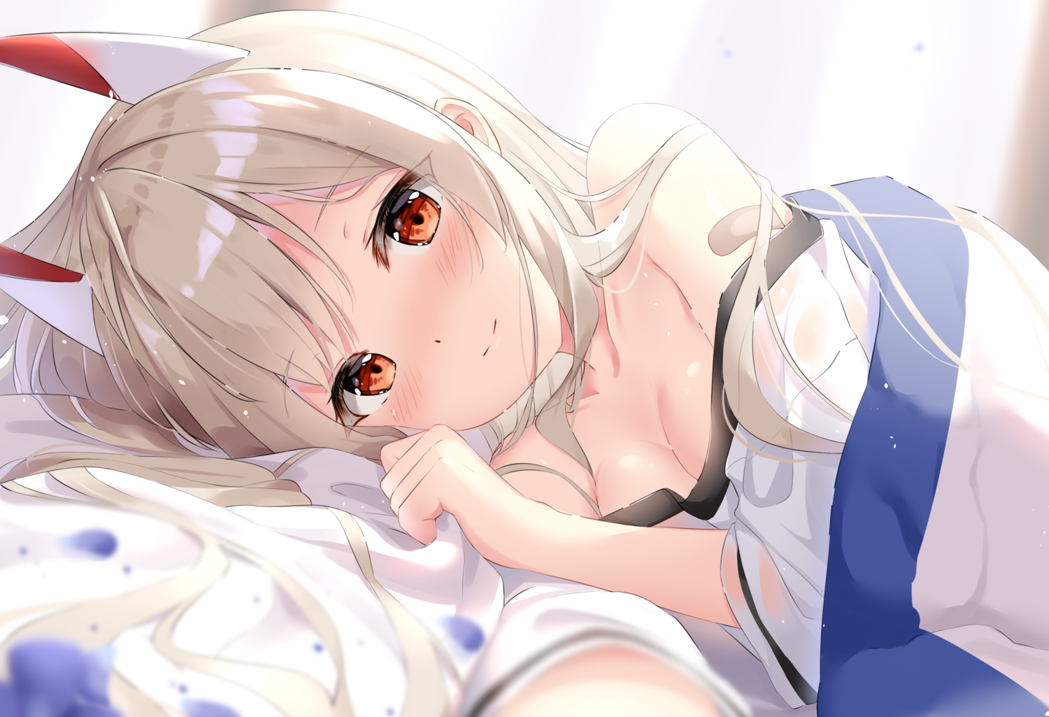 aliasing, anthropomorphism, ayanami_(azur_lane), azur_lane, bandaid, bed, blush, breasts, brown_hair, cleavage, close, long_hair, red_eyes, shironora