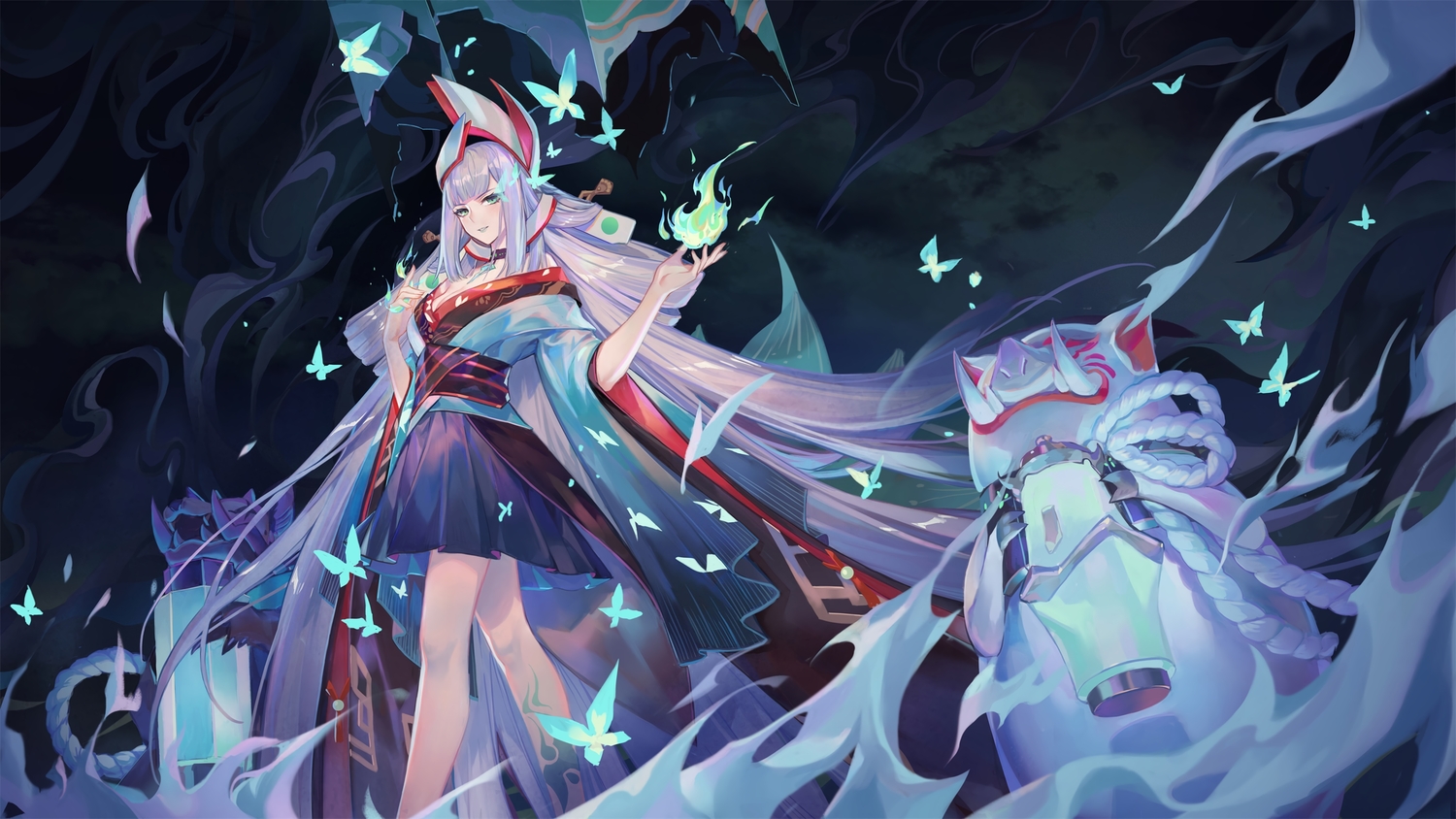 aoandon, butterfly, criin, green_eyes, long_hair, onmyouji