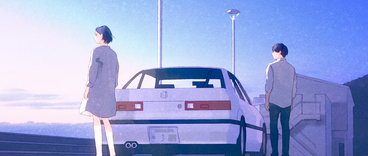 building, car, gradient, male, oomiya_io, original, polychromatic, sky