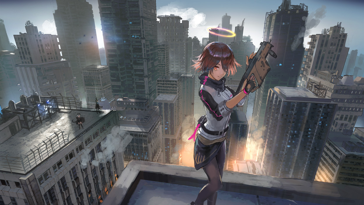 amiya_(arknights), animal_ears, arknights, building, bunny_ears, bunnygirl, city, denki