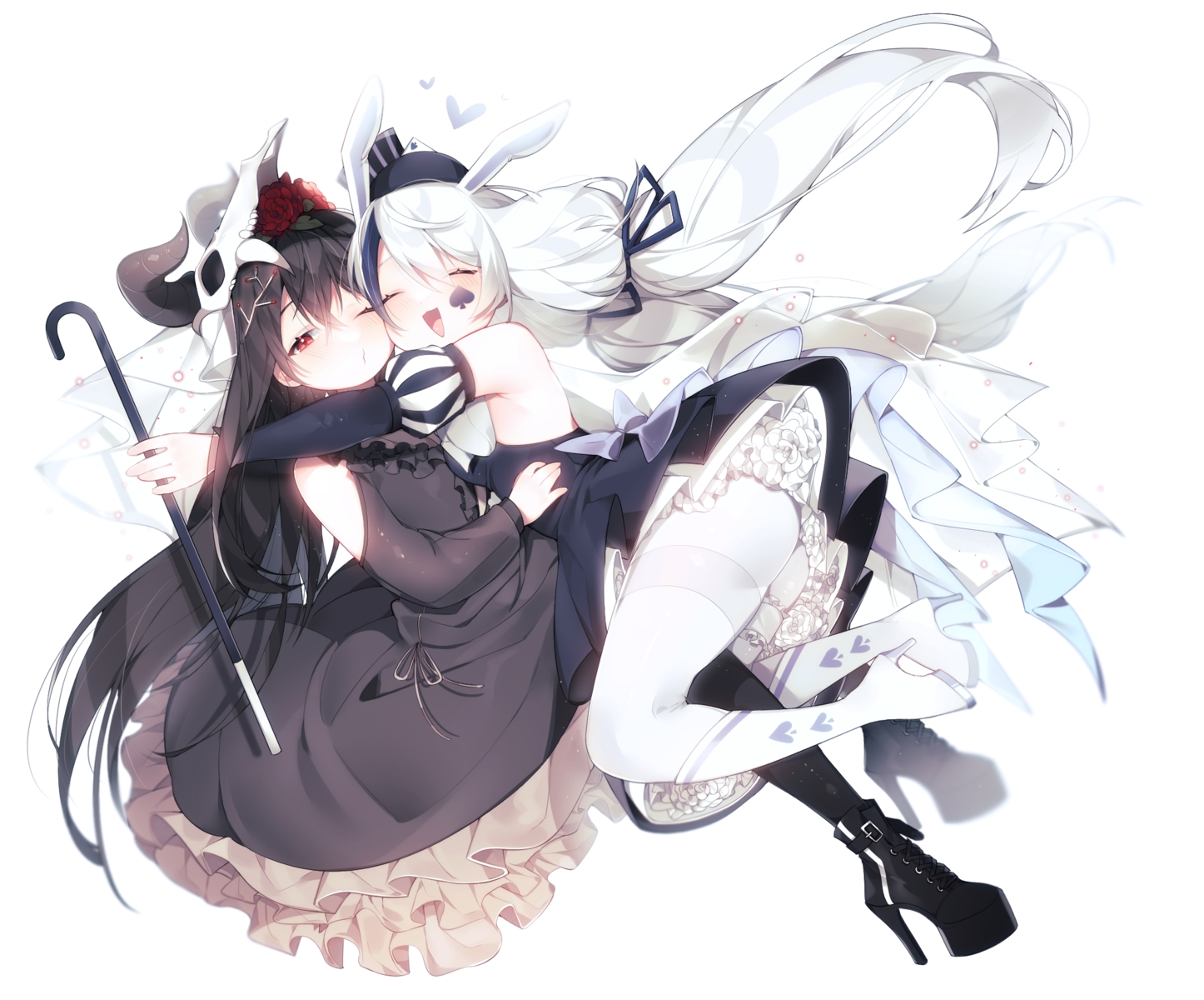 2girls, animal_ears, black_hair, blush, bunny_ears, bunnygirl, dress, goth-loli