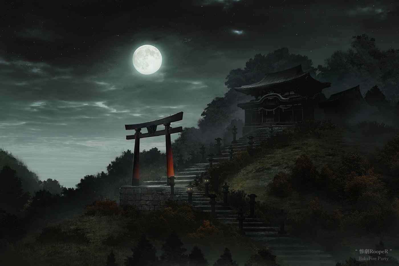 cinkai, clouds, dark, moon, night, no_humans, scenic, shrine