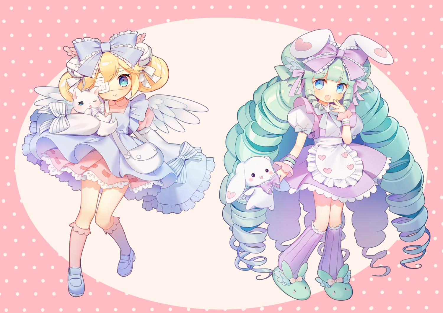 2girls, animal, animal_ears, apron, aqua_eyes, bell, blonde_hair, blue_eyes