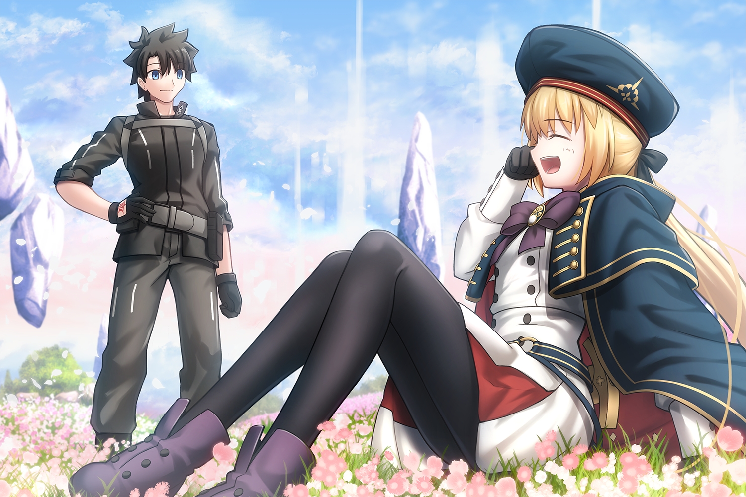 artoria_caster_(fate), artoria_pendragon_(all), black_hair, blonde_hair, blue_eyes, boots, bow, cape