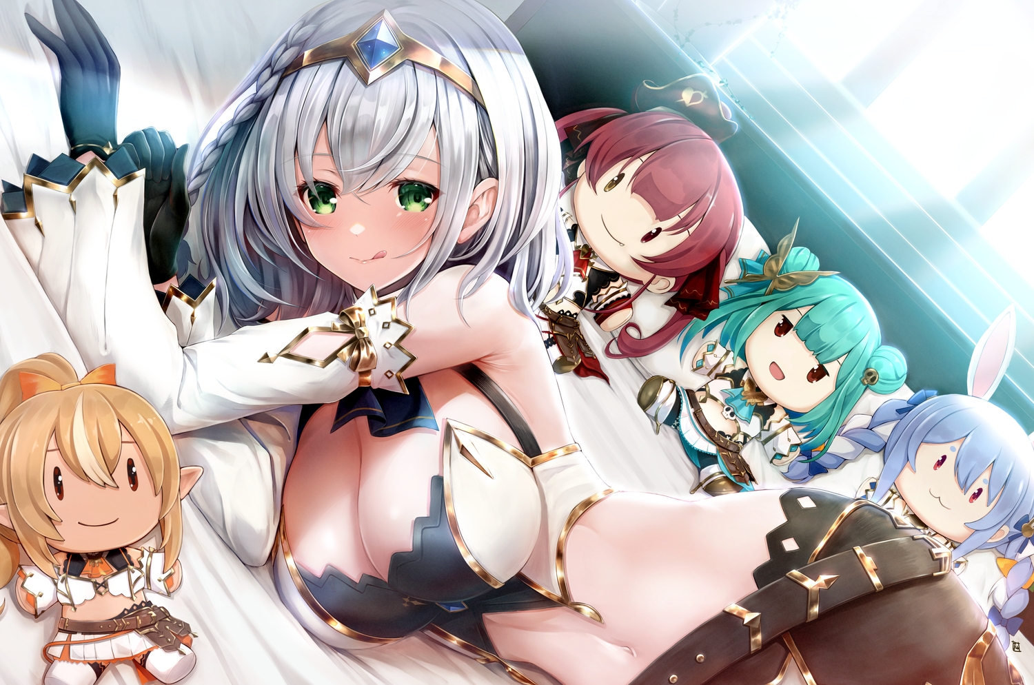 bed, braids, doll, gloves, gray_hair, green_eyes, hololive, houshou_marine