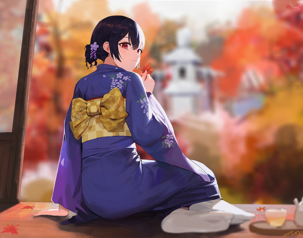 autumn, black_hair, blush, bow, drink, idolmaster, idolmaster_shiny_colors, japanese_clothes, kimono, leaves, morino_rinze, red_eyes, short_hair, signed, socks, spung
