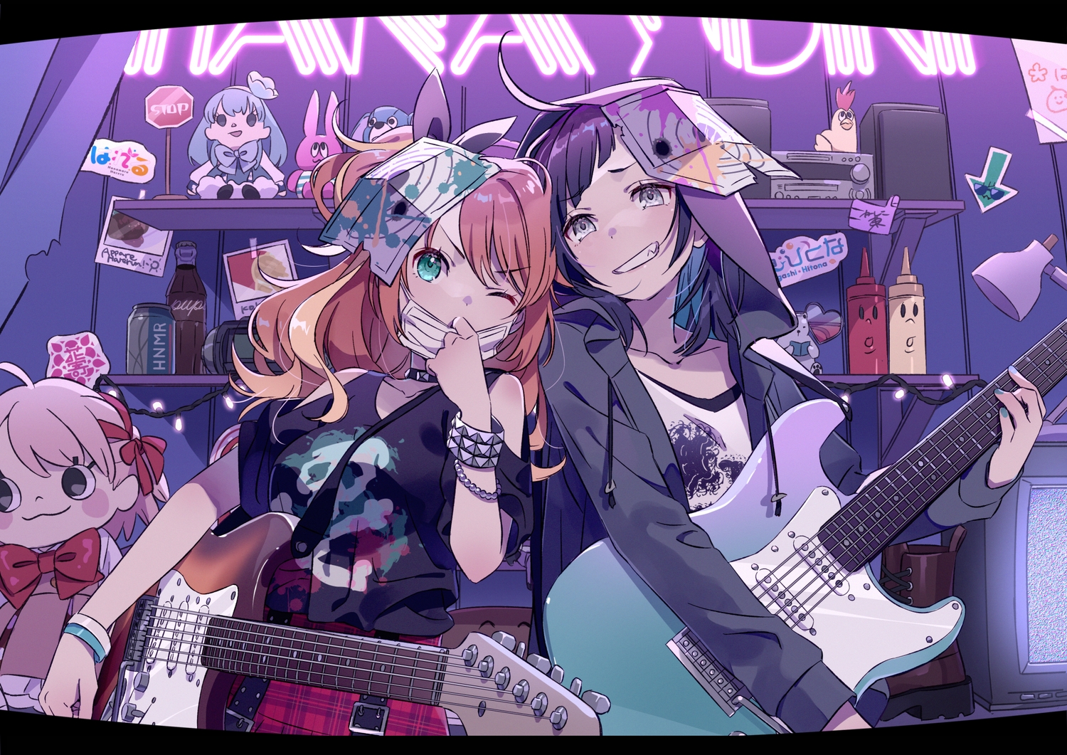 2girls, guitar, hanamaru_hareru, hanayori_jyoshiryou, hechima_(issindotai), hood, instrument, kohigashi_hitona, mask, paper, wink, wristwear