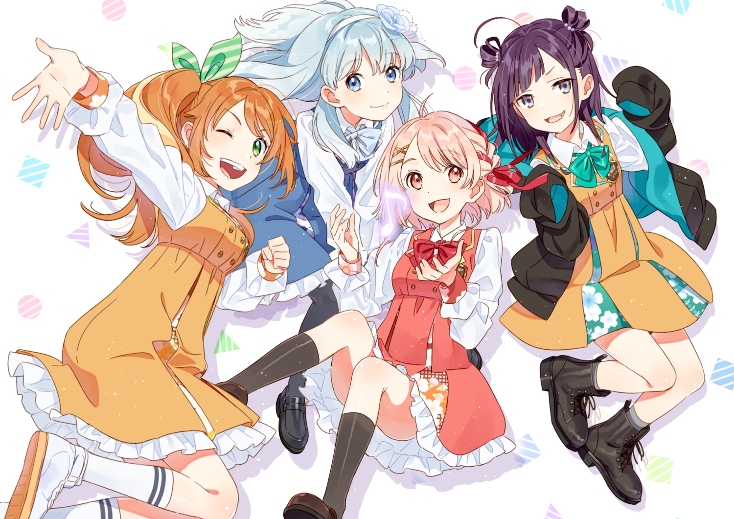blue_eyes, boots, bow, braids, cat_smile, dress, fang, green_eyes, green_hair, group, hanamaru_hareru, hanayori_jyoshiryou, headband, hechima_(issindotai), hood, kano_(hanayori_jyoshiryou), kneehighs, kohigashi_hitona, long_hair, nonomiya_nonono, orange_hair, pink_eyes, pink_hair, ponytail, purple_eyes, purple_hair, shirt, short_hair, skirt, socks, wink