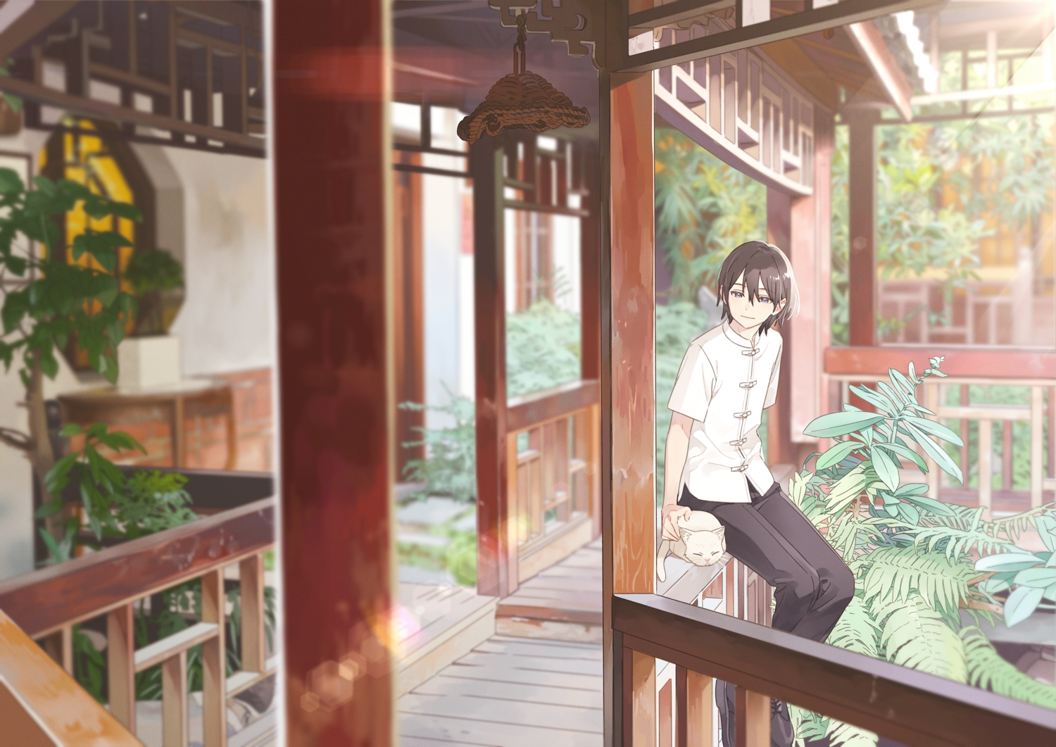 all_male, animal, building, cat, chinese_clothes, hechima_(issindotai), leaves, male