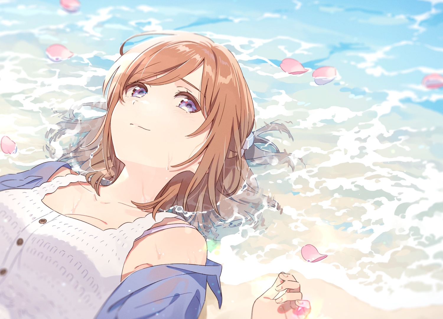 beach, blue_eyes, blush, breasts, brown_hair, cleavage, close, hechima_(issindotai), open_shirt, petals, ponytail, purple_eyes, shirt, short_hair, tagme_(character), wasure_sasete_yo_kouhai-kun, water, wet