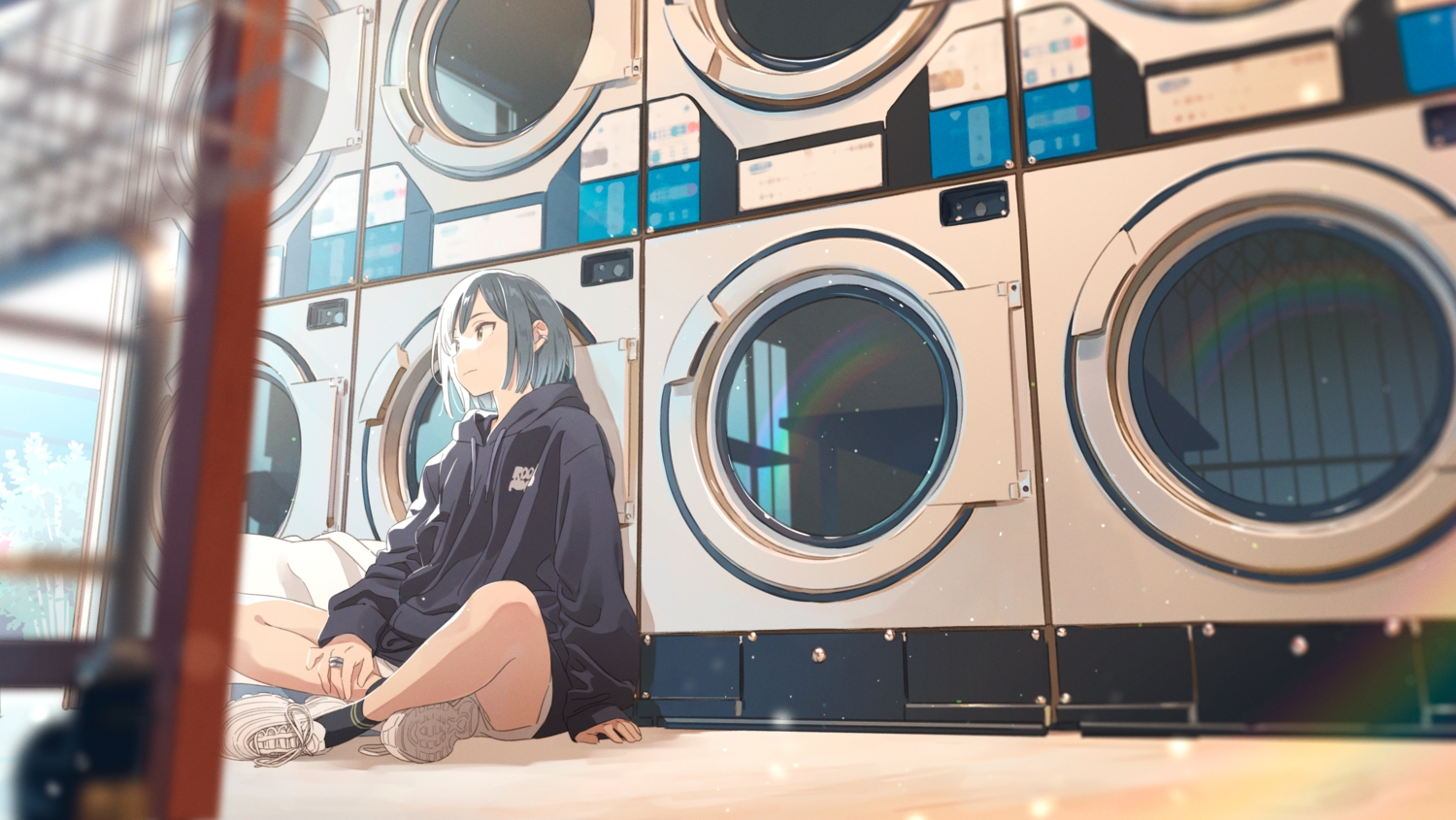 blush, gray_hair, hechima_(issindotai), hood, original, rainbow, short_hair, shorts, socks, yellow_eyes