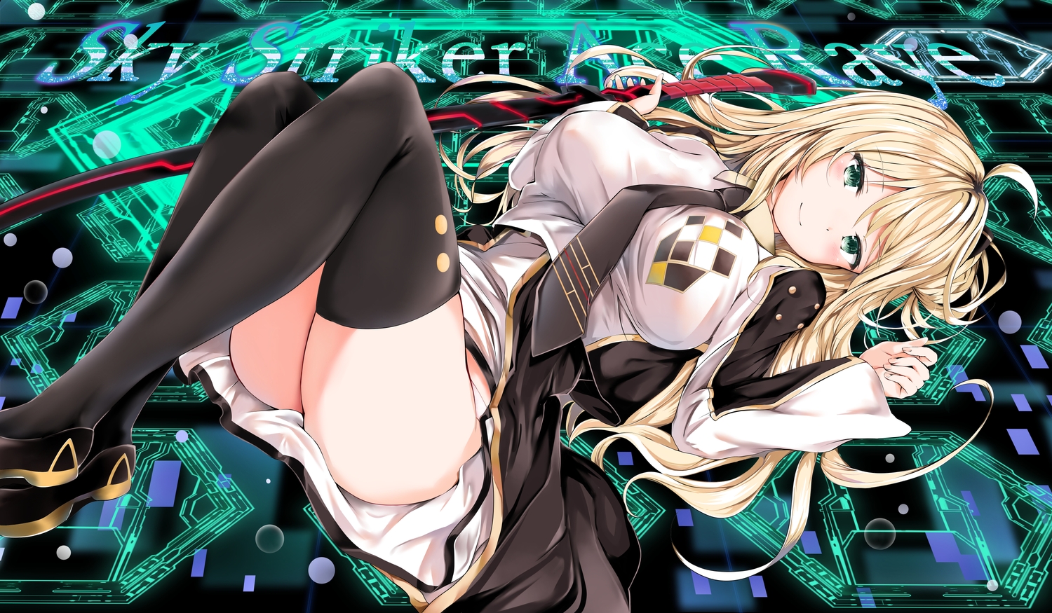 blonde_hair, green_eyes, katana, kuromiko_shoujo, long_hair, panties, sky_striker_ace_-_raye, sword, tie, underwear, weapon, yu-gi-oh