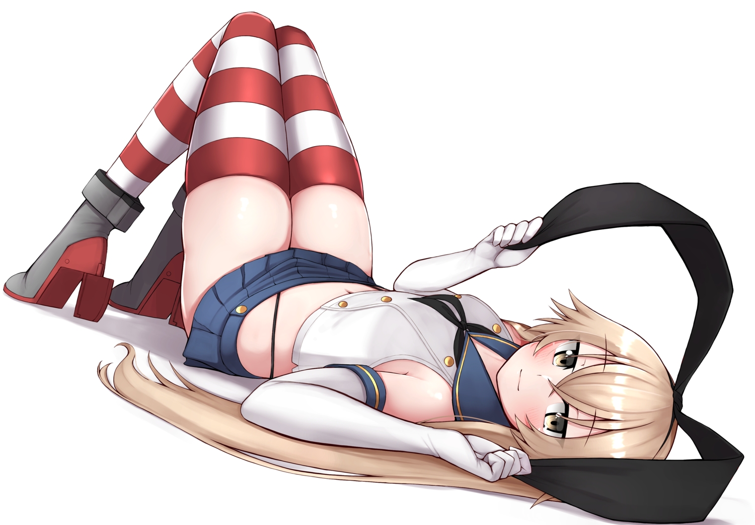 aliasing, anthropomorphism, blonde_hair, brown_eyes, kantai_collection, long_hair, navel, school_uniform, shimakaze_(kancolle), skirt, thighhighs, tiemu_(man190), zettai_ryouiki