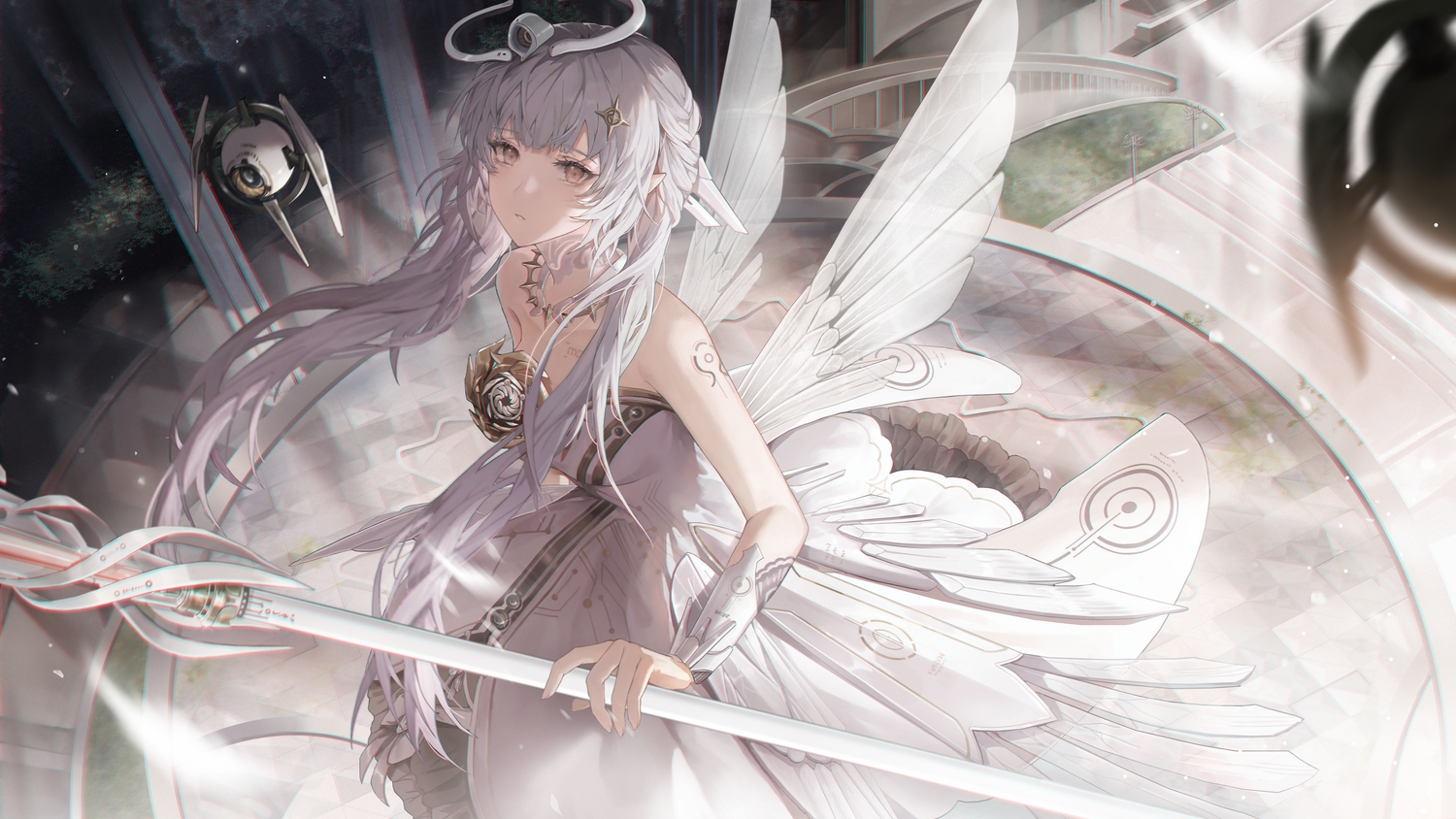 dress, halo, liv_(pgr), long_hair, mada_(shizhou), pointed_ears, punishing:_gray_raven, staff, wings