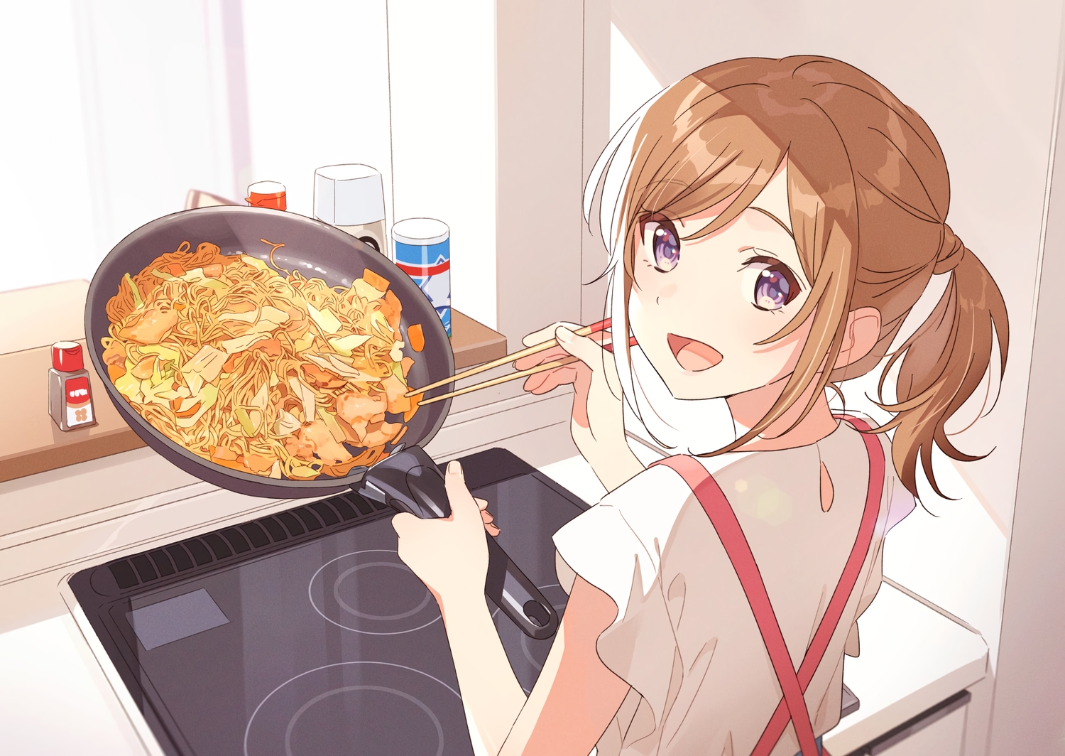 apron, brown_hair, close, food, hechima_(issindotai), ponytail, purple_eyes, tagme_(character)