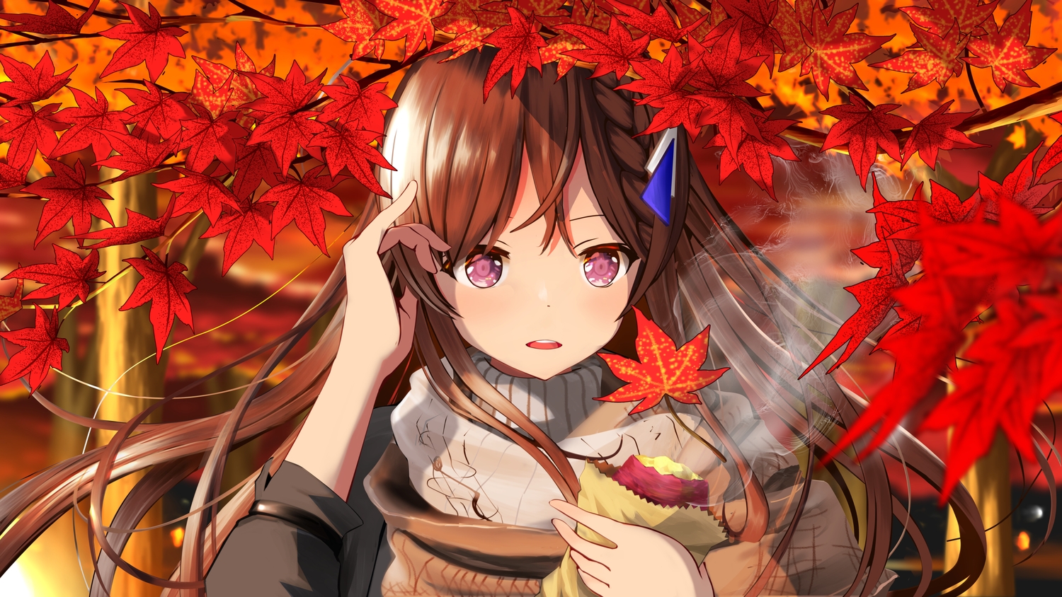 autumn, braids, brown_hair, close, cocoa_music, doumyouji_cocoa, food, gibun_(sozoshu)