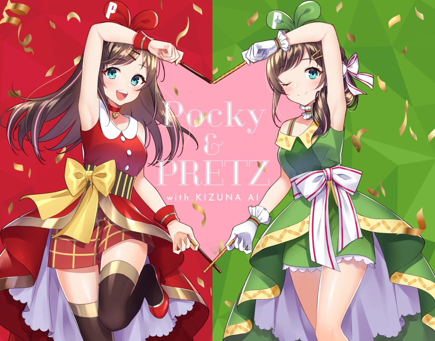 a.i._channel, bow, dress, food, haruyuki_14, kizuna_ai, pocky, wink