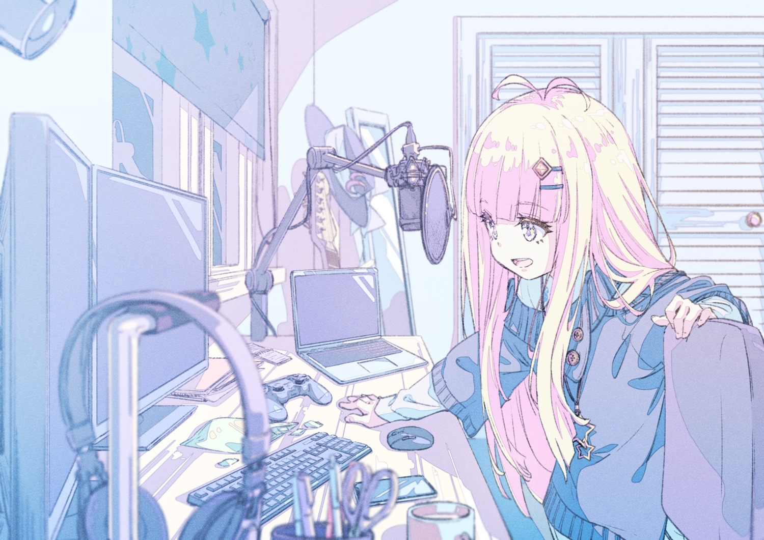 blonde_hair, computer, headphones, loli, long_hair, metamoe, metamoe_tube, microphone, necklace, polychromatic, purple_eyes, schatten