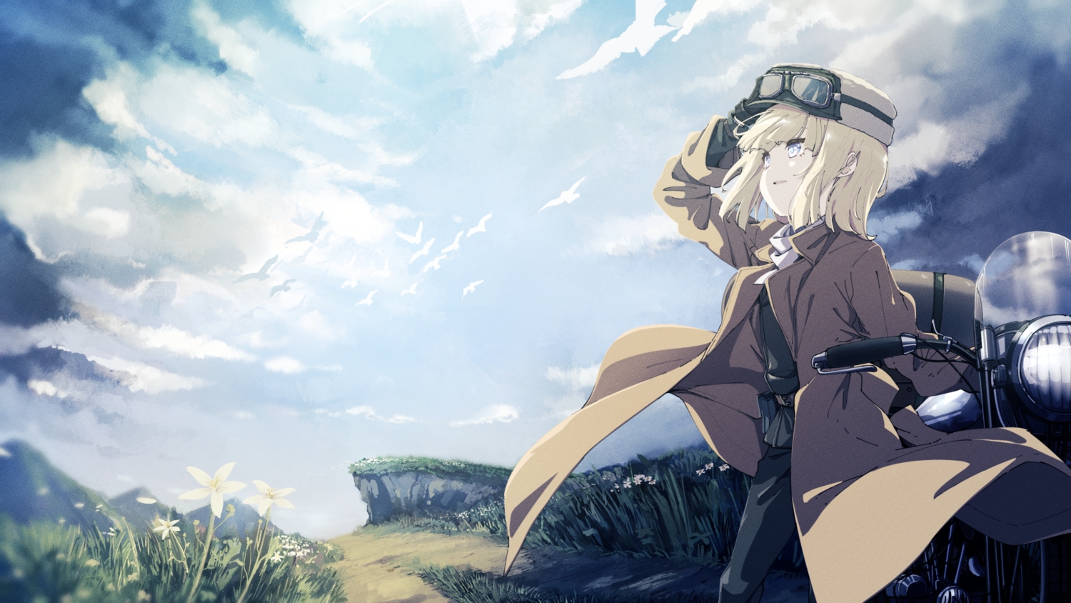 animal, bird, blonde_hair, blue_eyes, clouds, cosplay, flowers, goggles
