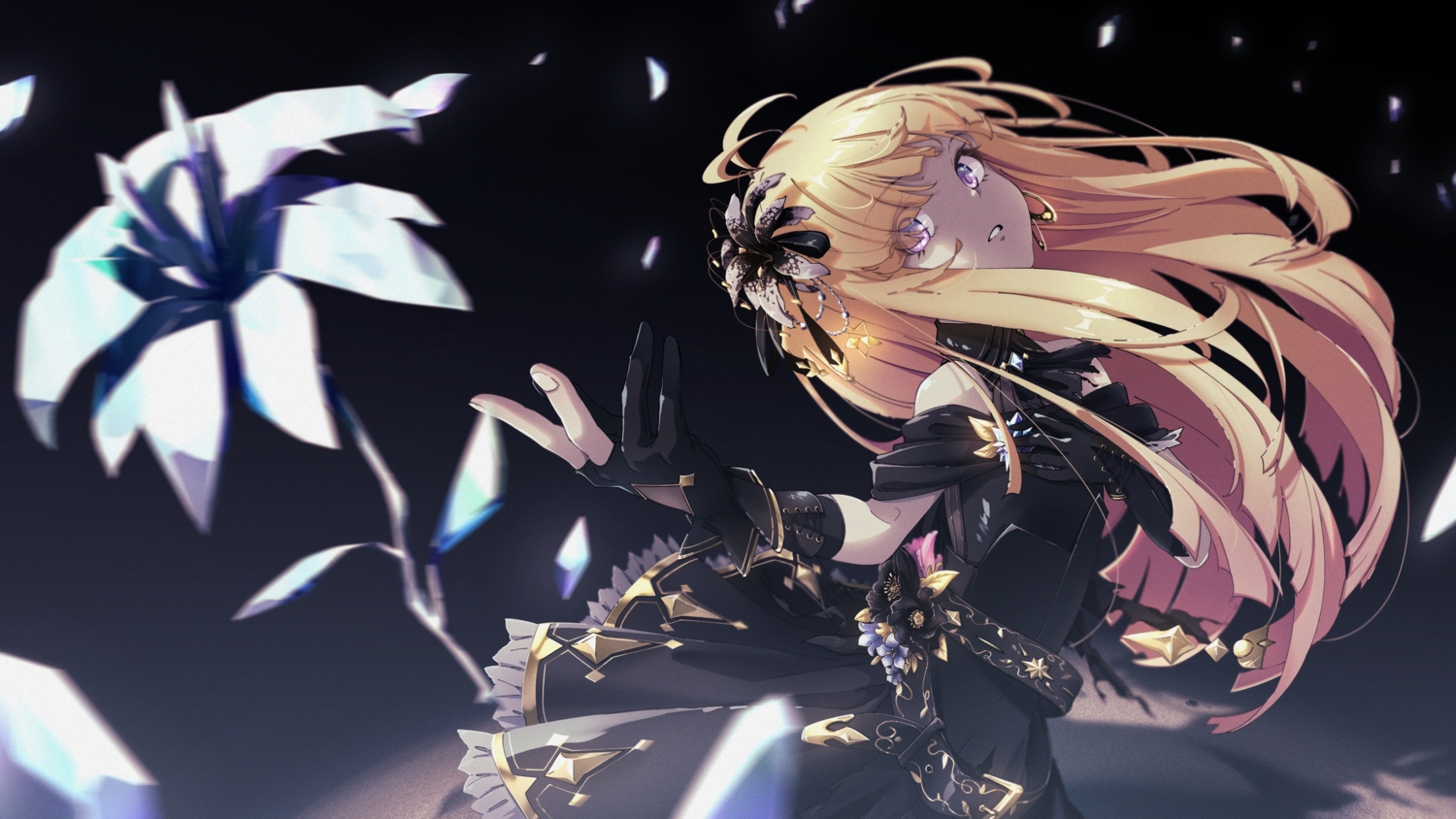 blonde_hair, dress, flowers, gloves, long_hair, metamoe, metamoe_tube, purple_eyes, schatten