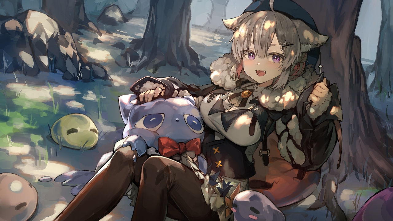 aliasing, animal_ears, brown_hair, fang, forest, hood, original, peachpa