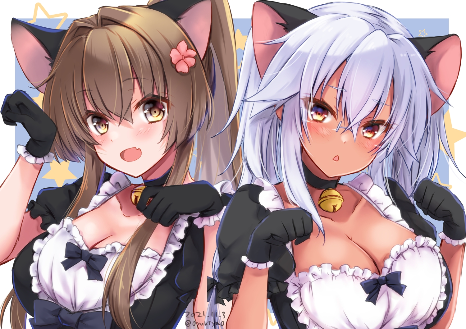 2girls, animal_ears, anthropomorphism, breasts, catgirl, cleavage, close, dark_skin