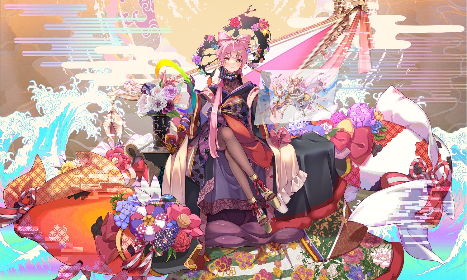 flowers, japanese_clothes, long_hair, original, pantyhose, pilokey, pink_hair, rose