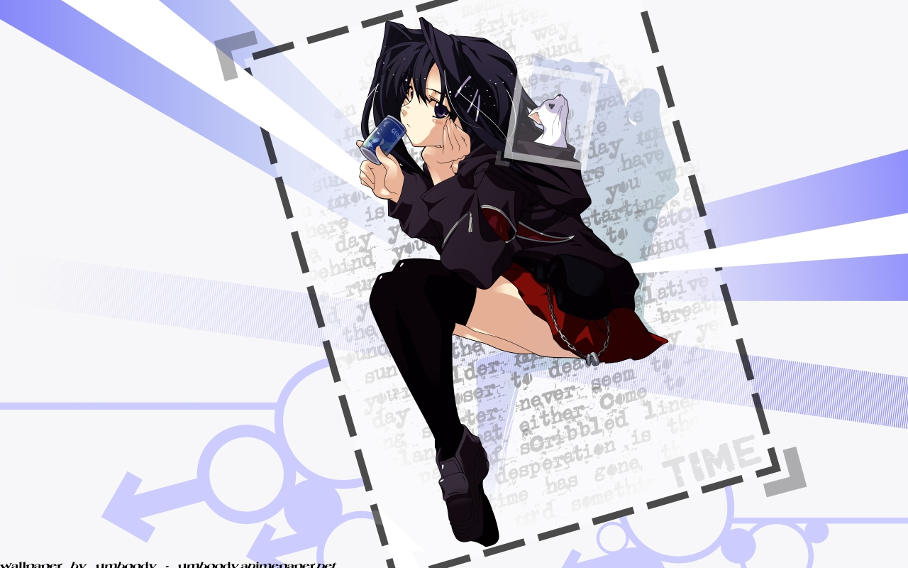 black_eyes, black_hair, drink, monochrome_(game), skirt, suzuhira_hiro, thighhighs, tsubaki_risa