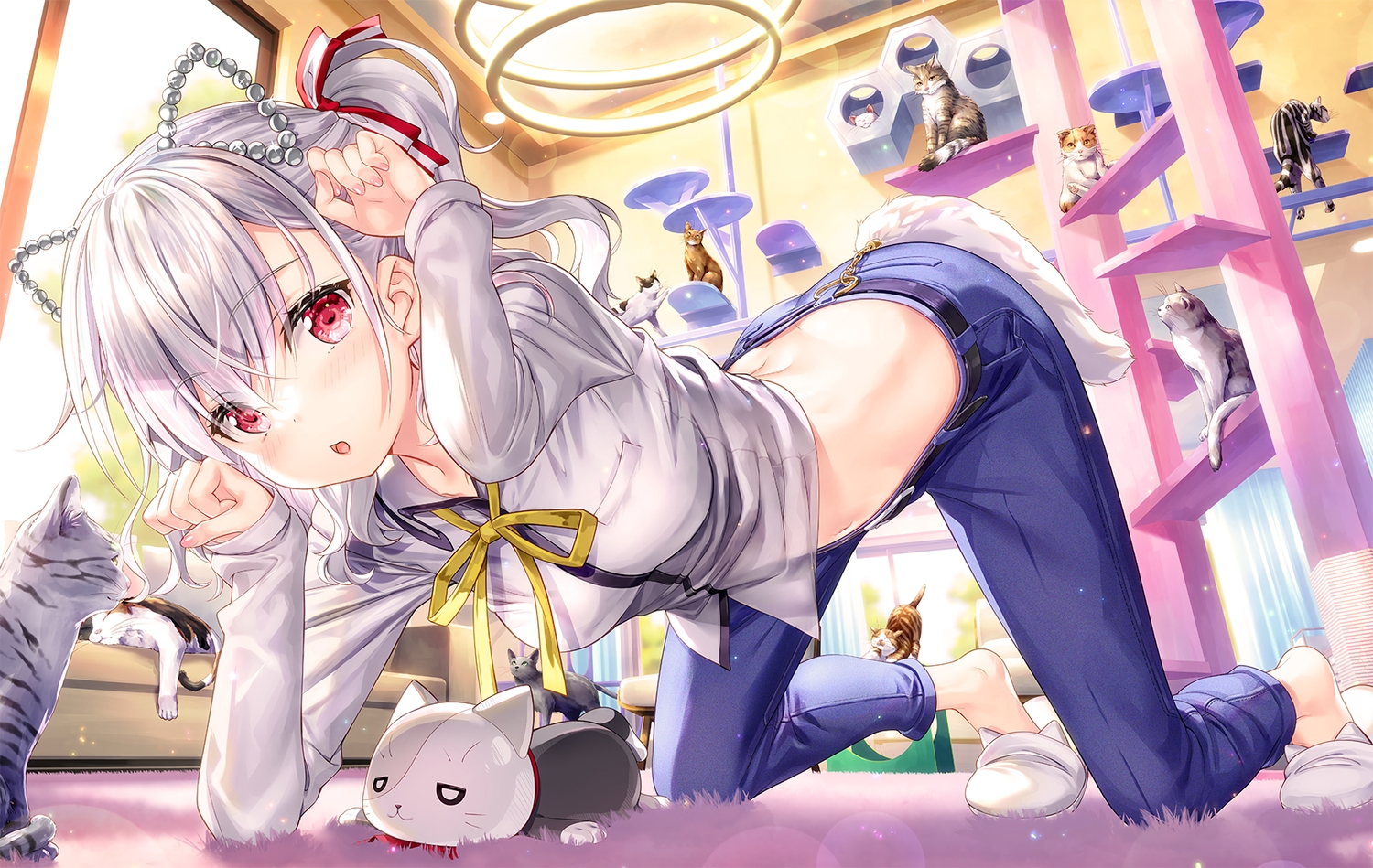 animal, animal_ears, cat, fujima_takuya, gray_hair, komagome_azuzu, red_eyes, senyoku_no_sigrdrifa, shirt