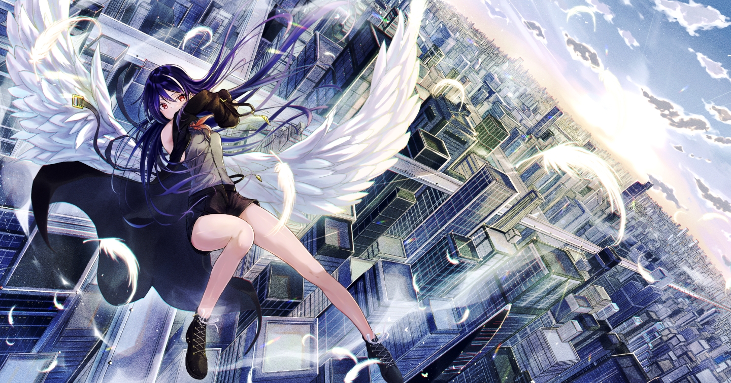 aliasing, building, city, clouds, feathers, meen_(ouaughikepdvrsf), original, sky