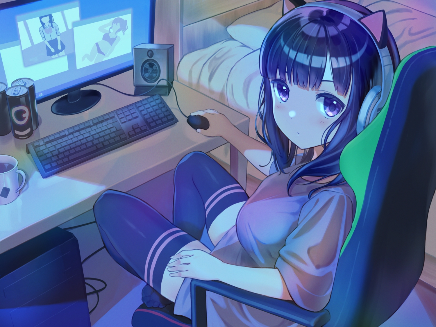akira_tooru, animal_ears, bed, computer, dark, drink, headphones, original, zettai_ryouiki
