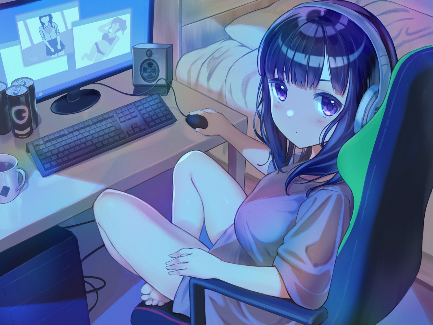 akira_tooru, barefoot, bed, computer, dark, drink, headphones, original