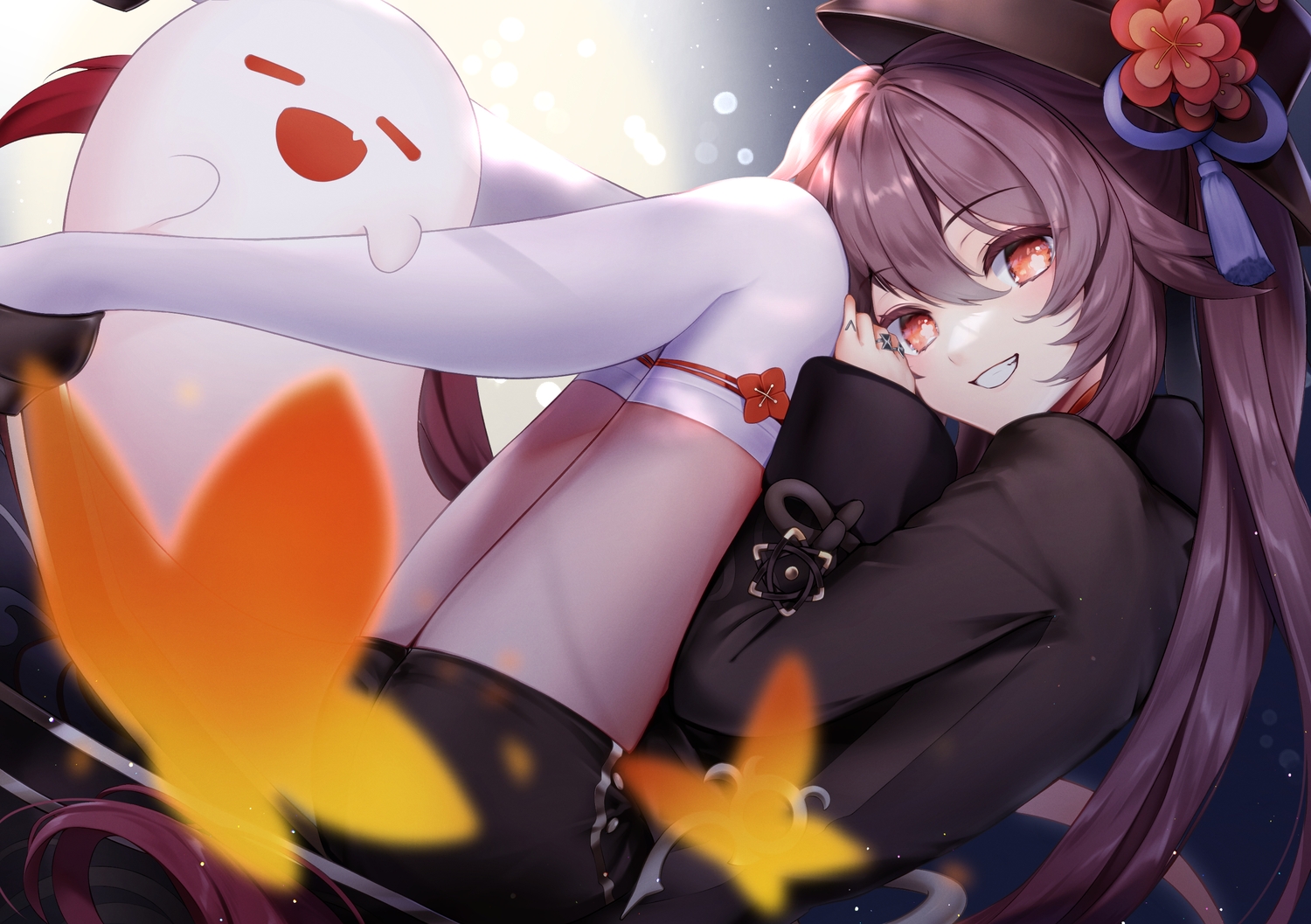 asahi_(vjss4548), brown_eyes, brown_hair, genshin_impact, hat, hu_tao_(genshin_impact), long_hair, shorts, socks