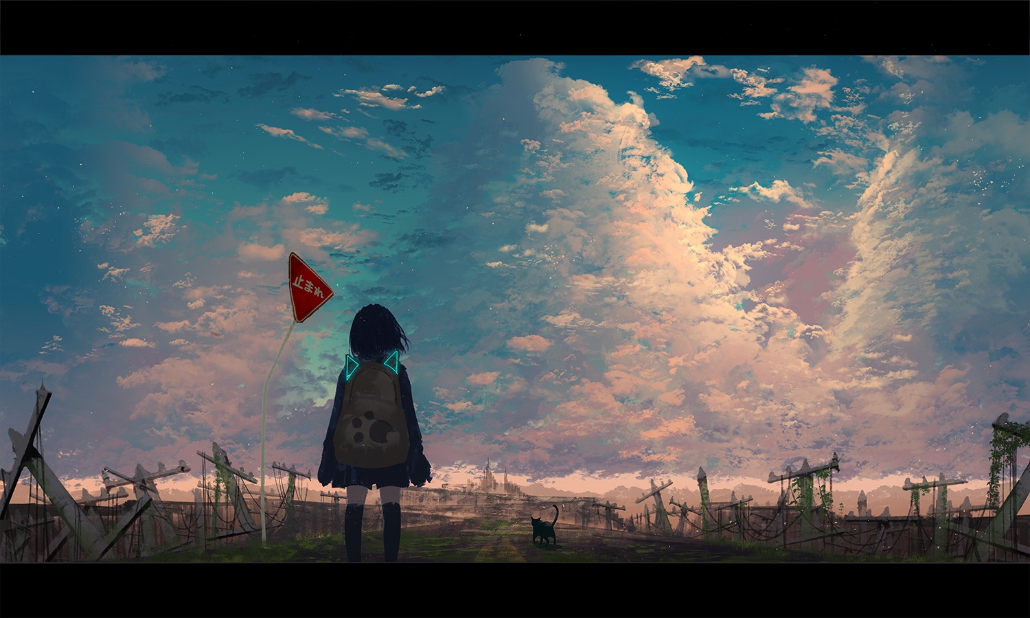 animal, cat, chocoshi, clouds, original, scenic, sky, sunset