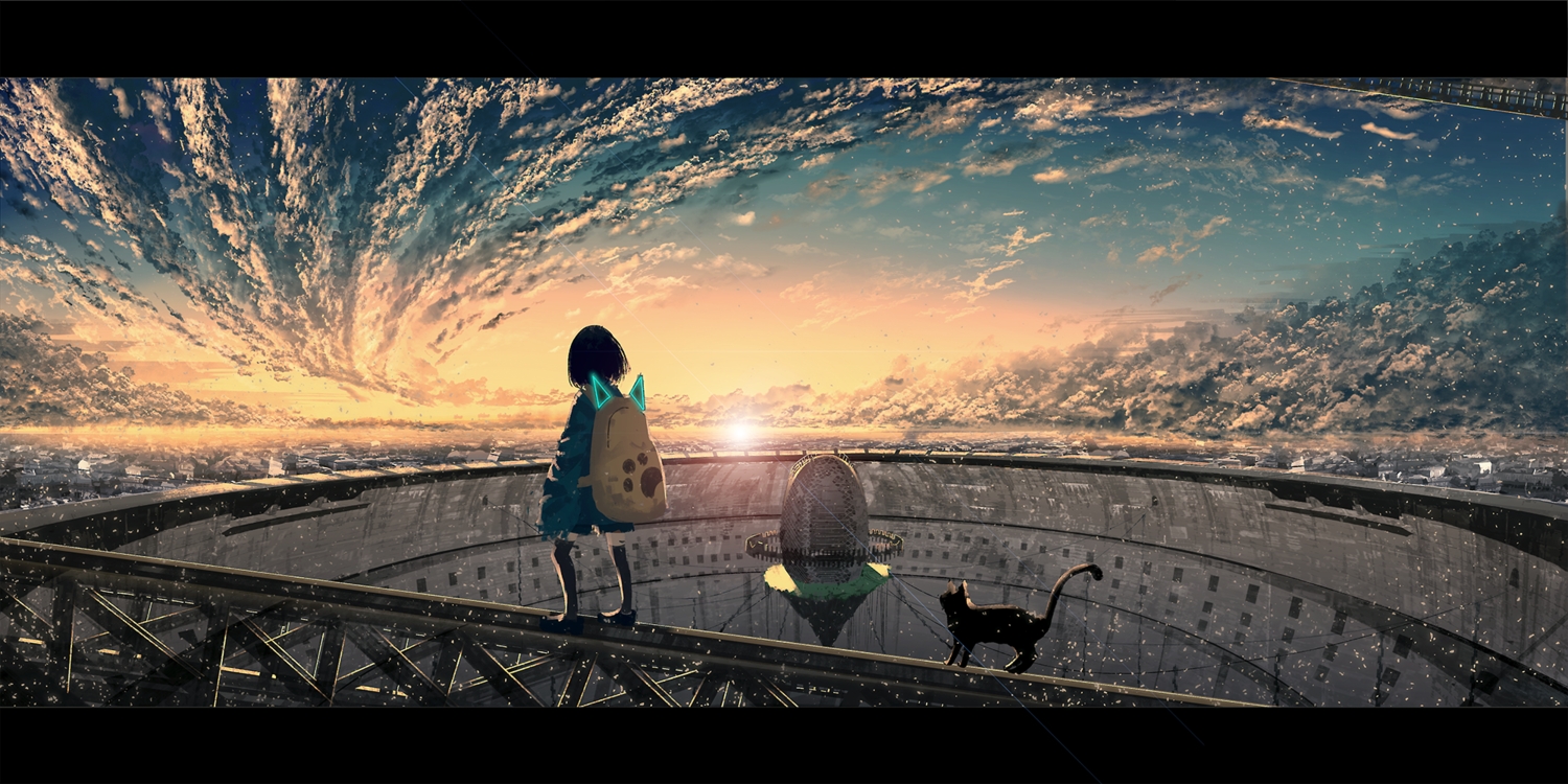 animal, cat, chocoshi, clouds, original, polychromatic, sky, sunset