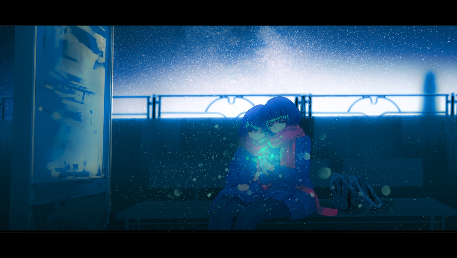 2girls, blue, chocoshi, original, phone, polychromatic, scarf, school_uniform, winter