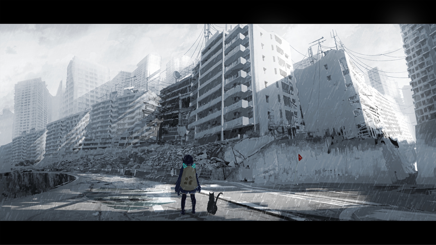 animal, building, cat, chocoshi, city, clouds, original, polychromatic