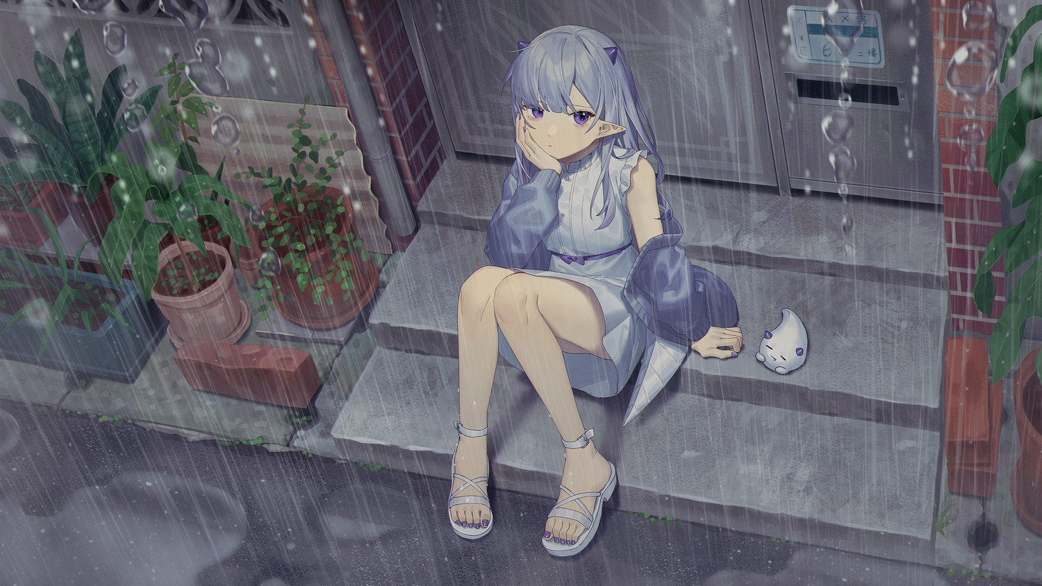 aliasing, dress, gray_hair, leaves, long_hair, original, pointed_ears, purple_eyes, rain, stairs, water, wenz